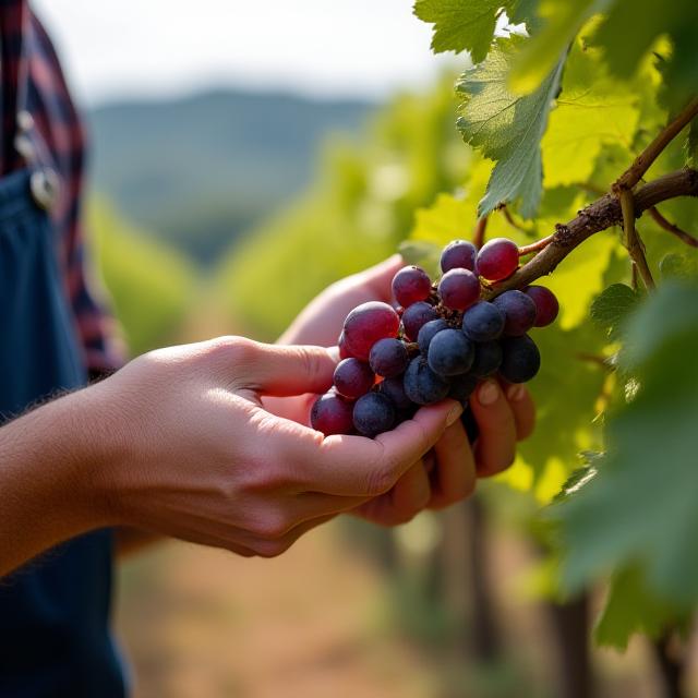 Vignaiolo che controlla un grappolo d'uva Nebbiolo in una vigna.