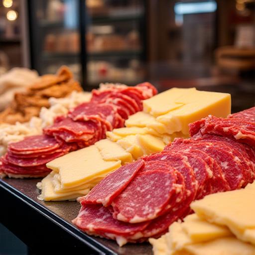 Banco della gastronomia con salumi affettati e formaggi.